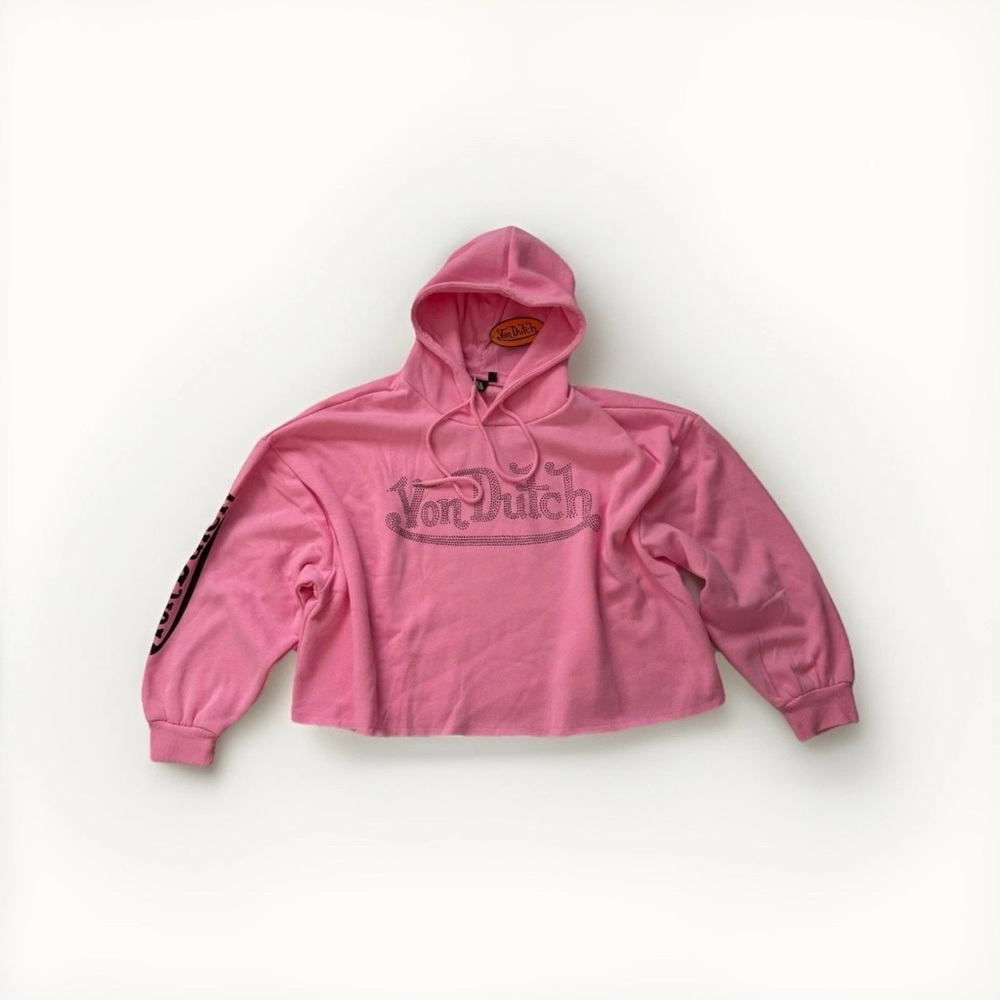 NWT Von Dutch Crop Black Embellished Rhinestone Barbie Pink Logo Hoodie Y2K Sz M - Picture 2 of 4